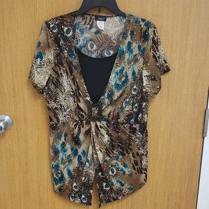 Ashley J, brown, teal, black with rhinestone belted blouse shell attached, 3X